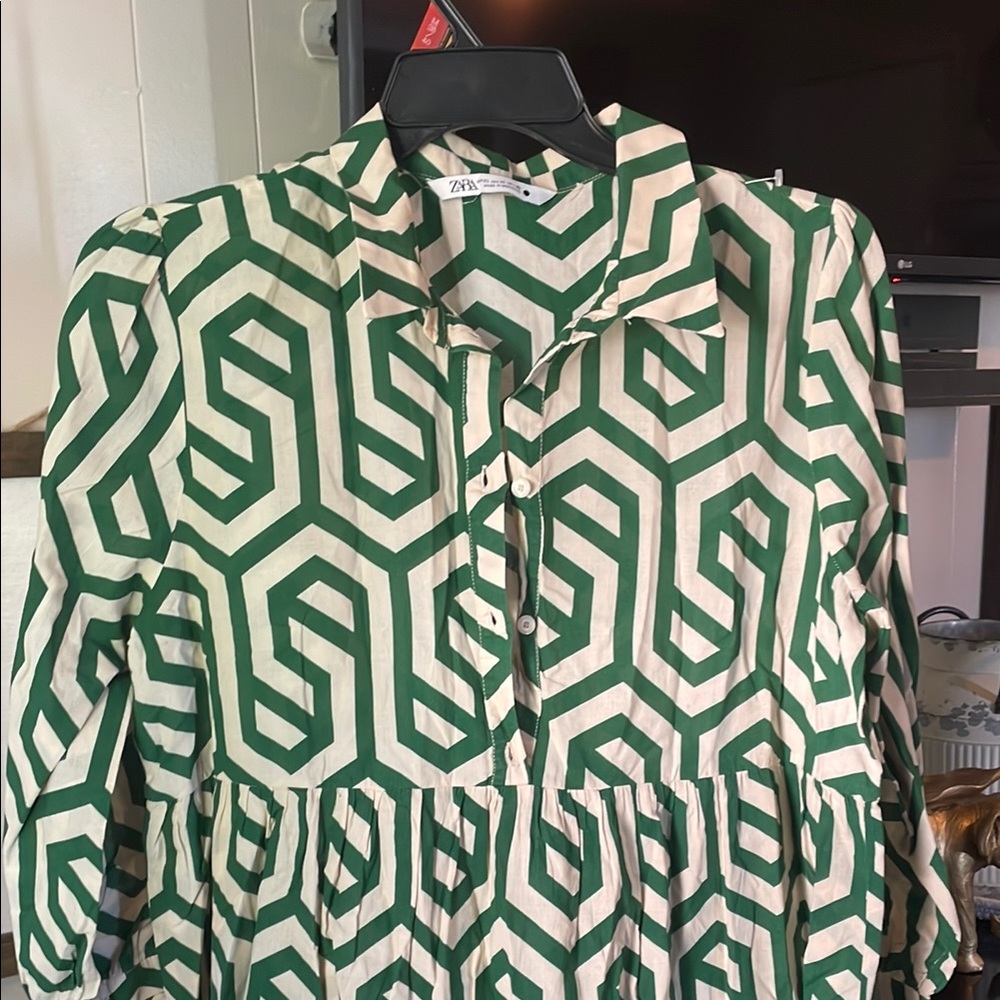 Zara Emerald and Cream Patterned Dress